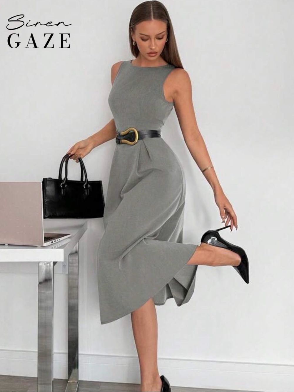 SHEIN Gray Sleeveless Midi Dress with Black Belt